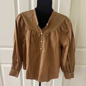 Old Navy Tan Blouse with Puff Sleeves and Mandarin Collar